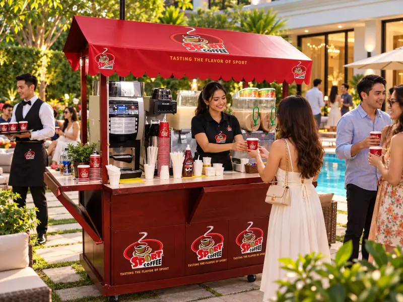 Barra Sport Coffee atendiendo a invitados en un evento en jardín