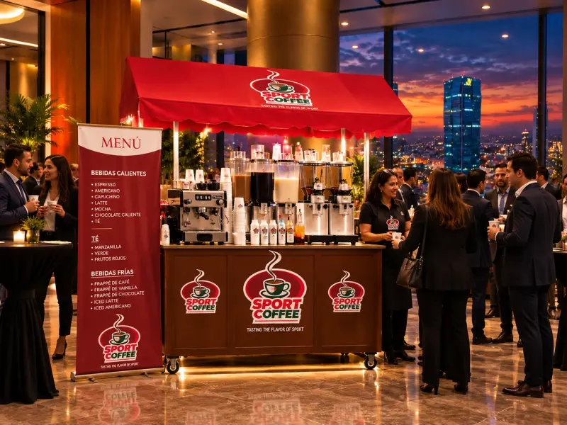 Barra Sport Coffee con su banner de menú en un evento corporativo